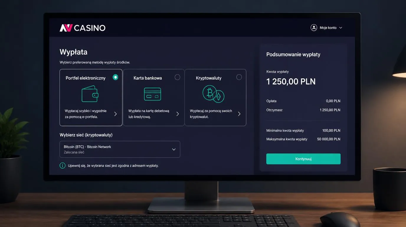Panel kasjera z portfelem elektronicznym, kartą i kryptowalutami oraz podsumowaniem wypłaty w PLN