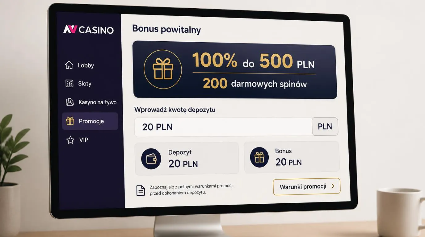 Panel bonusu powitalnego z ofertą 100% do 500 PLN, 200 darmowymi spinami i depozytem 20 PLN