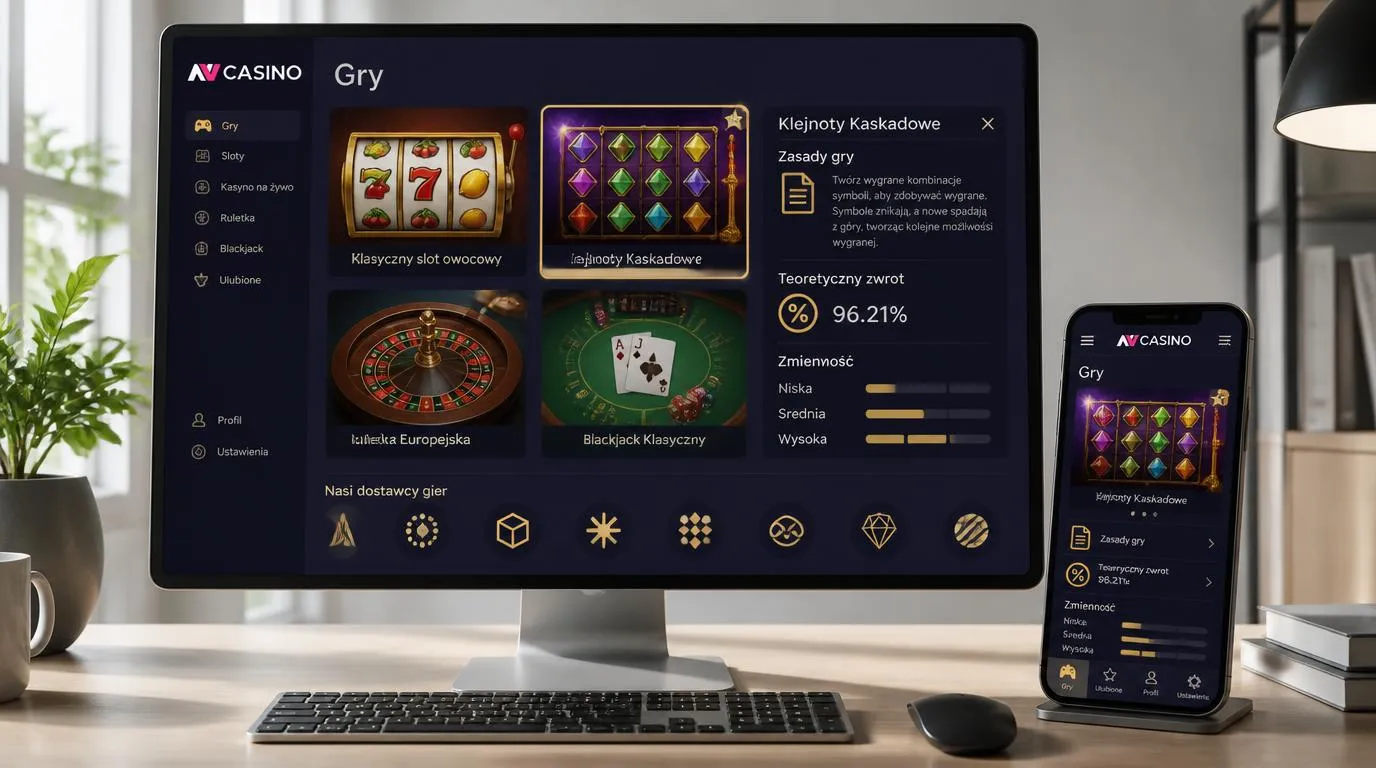 Przykładowy katalog gier z automatami, ruletką i blackjackiem oraz panelem zasad, RTP i zmienności